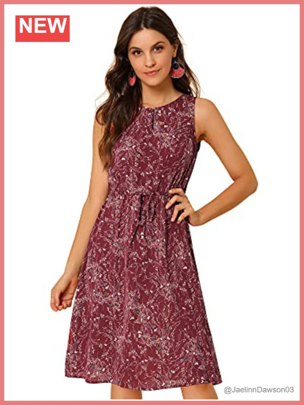 Womens Sleeveless A-Line Midi Dress Split Neck Drawstring Waist Casual